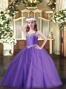 Custom Made Straps Sleeveless Tulle Pageant Dress for Teens Beading Sweep Train Lace Up