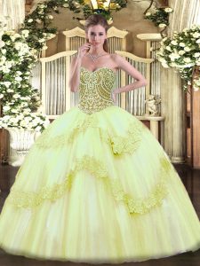 Customized Yellow Green Tulle Lace Up Sweetheart Sleeveless Floor Length 15 Quinceanera Dress Beading and Appliques