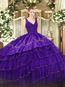 Sleeveless Organza and Taffeta Floor Length Backless Quinceanera Dresses in Purple with Beading and Lace and Embroidery 