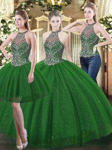 Custom Fit Floor Length Dark Green Quinceanera Dresses Tulle Sleeveless Beading