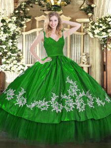 Green Sweet 16 Quinceanera Dress Sweet 16 and Quinceanera with Beading and Appliques V-neck Sleeveless Zipper