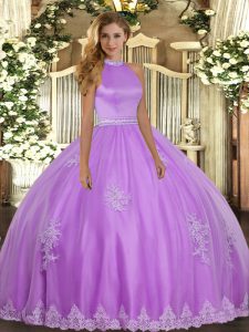 Fine Halter Top Sleeveless Quince Ball Gowns Floor Length Beading and Appliques Lilac Tulle