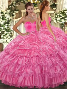 Custom Design Rose Pink Organza Lace Up 15th Birthday Dress Sleeveless Floor Length Beading and Ruffled Layers