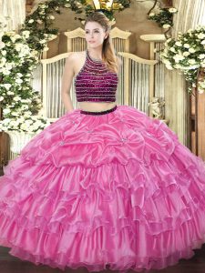 Top Selling Halter Top Sleeveless Vestidos de Quinceanera Floor Length Beading and Ruffled Layers Rose Pink Organza