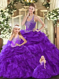 Floor Length Purple 15th Birthday Dress Organza Sleeveless Beading and Ruffles