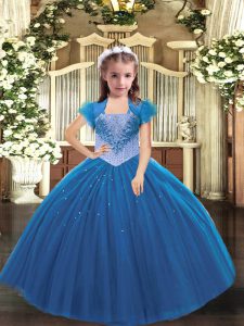 Stylish Blue Straps Lace Up Beading Little Girl Pageant Gowns Sleeveless