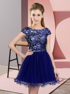 Blue A-line Sequins Bridesmaids Dress Zipper Tulle Cap Sleeves Mini Length