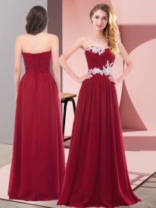 Wine Red Sleeveless Floor Length Appliques Lace Up Dress for Prom