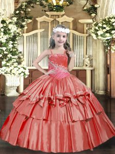 Great Straps Sleeveless Little Girls Pageant Dress Floor Length Beading and Ruffled Layers Coral Red Organza