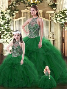 Dark Green Tulle Lace Up Halter Top Sleeveless Floor Length Quince Ball Gowns Beading and Ruffles