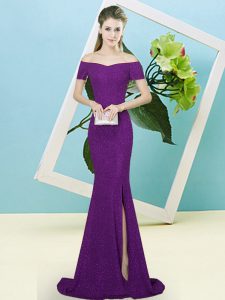 Beautiful Sequins Prom Evening Gown Dark Purple Zipper Short Sleeves Sweep Train