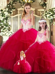 Red Lace Up Sweetheart Beading and Ruffles Quince Ball Gowns Tulle Sleeveless