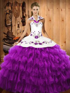On Sale Eggplant Purple Ball Gowns Organza Halter Top Sleeveless Embroidery and Ruffled Layers Floor Length Lace Up 15 Q