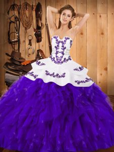 Ball Gowns Sweet 16 Quinceanera Dress White And Purple Strapless Satin and Organza Sleeveless Floor Length Lace Up