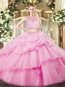 Super Tulle High-neck Sleeveless Zipper Beading and Ruffles Quinceanera Dresses in Rose Pink