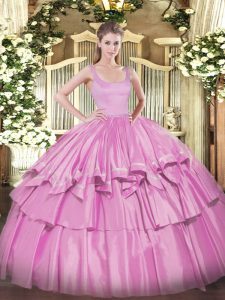 High Class Lilac Ball Gowns Organza and Taffeta Straps Sleeveless Beading and Ruffled Layers Floor Length Zipper Sweet 1