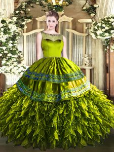 Fashion Floor Length Olive Green Sweet 16 Dress Organza and Taffeta Sleeveless Beading and Ruffles