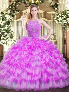 Fashionable Lilac Sleeveless Tulle Zipper Quince Ball Gowns for Military Ball and Sweet 16 and Quinceanera