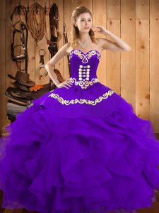 Purple Quinceanera Gown Military Ball and Sweet 16 and Quinceanera with Embroidery and Ruffles Sweetheart Sleeveless Lac