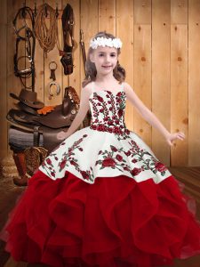 Red Lace Up Straps Embroidery and Ruffles Little Girl Pageant Dress Organza Sleeveless