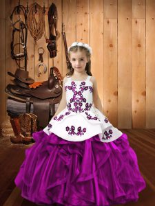 Inexpensive Fuchsia Organza Lace Up Straps Sleeveless Floor Length Little Girl Pageant Dress Embroidery and Ruffles