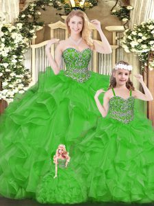 Best Sweetheart Sleeveless Quinceanera Dresses Floor Length Beading and Ruffles Green Organza
