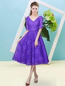 Deluxe V-neck Half Sleeves Bridesmaid Dress Tea Length Bowknot Purple Lace