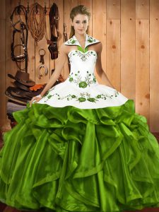 Olive Green Sleeveless Embroidery and Ruffles Floor Length Sweet 16 Dresses