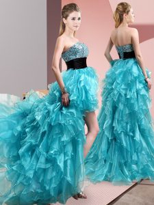 Aqua Blue A-line Sweetheart Sleeveless Organza High Low Lace Up Beading and Ruffles Prom Dress