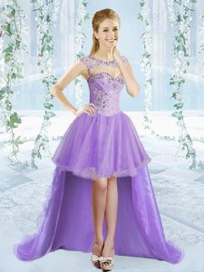 New Arrival Lavender Lace Up Dress for Prom Beading Sleeveless High Low