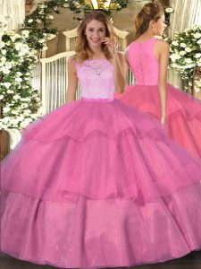 Floor Length Ball Gowns Sleeveless Hot Pink Ball Gown Prom Dress Clasp Handle