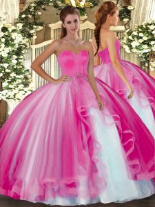 Smart Tulle Sweetheart Sleeveless Lace Up Beading Quince Ball Gowns in Hot Pink
