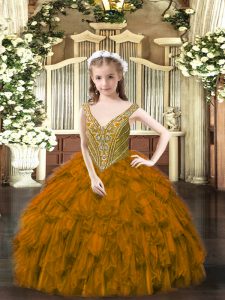 Classical Brown Lace Up Girls Pageant Dresses Beading and Ruffles Sleeveless Floor Length