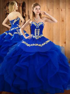Inexpensive Blue Sweetheart Lace Up Embroidery and Ruffles Ball Gown Prom Dress Sleeveless