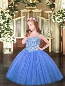 Baby Blue Ball Gowns Spaghetti Straps Sleeveless Tulle Floor Length Lace Up Appliques Child Pageant Dress