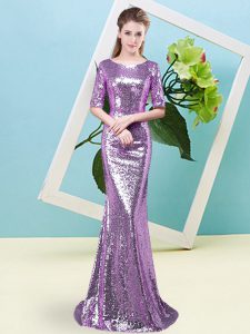 Half Sleeves Floor Length Sequins Zipper Prom Evening Gown with Lavender