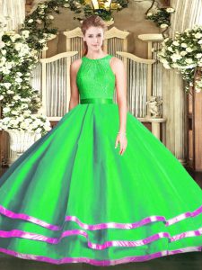 Green Ball Gowns Scoop Sleeveless Tulle Floor Length Zipper Lace Quinceanera Gown
