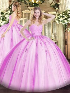 Beading and Appliques Quinceanera Dresses Lilac Lace Up Sleeveless Floor Length
