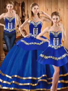 Dramatic Floor Length Blue Sweet 16 Dresses Satin and Tulle Sleeveless Embroidery
