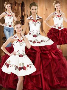 Wine Red Ball Gowns Embroidery and Ruffles 15th Birthday Dress Lace Up Organza Sleeveless Floor Length