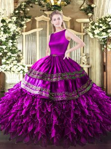 Luxury Floor Length Clasp Handle Quinceanera Dresses Fuchsia for Military Ball and Sweet 16 and Quinceanera with Ruffles