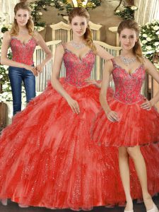 Great Red Straps Neckline Beading and Ruffles Quinceanera Gowns Sleeveless Lace Up
