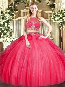 Shining Sleeveless Floor Length Beading and Ruffles Zipper Quinceanera Dresses with Red