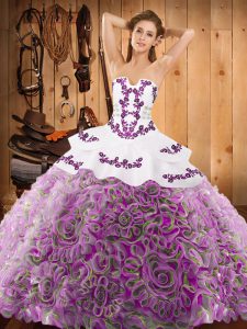 Custom Design Multi-color Lace Up Strapless Embroidery Quince Ball Gowns Satin and Fabric With Rolling Flowers Sleeveles