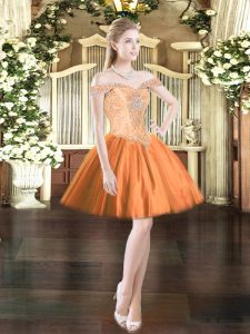 Graceful Sleeveless Tulle Mini Length Lace Up Prom Dresses in Orange Red with Beading