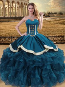 Wonderful Organza Sweetheart Sleeveless Lace Up Beading and Ruffles Quinceanera Gown in Teal