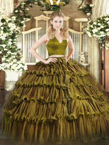 Lovely Olive Green Zipper Halter Top Ruffled Layers Quinceanera Gown Organza Sleeveless