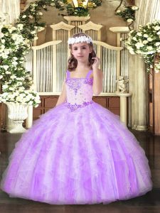 Admirable Lilac Sleeveless Beading and Ruffles Floor Length Glitz Pageant Dress