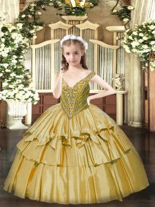 Gold V-neck Neckline Beading and Ruffled Layers Child Pageant Dress Sleeveless Lace Up