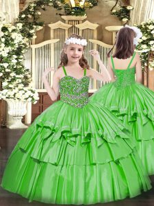 Floor Length Green Little Girls Pageant Dress Wholesale Organza Sleeveless Beading and Ruffled Layers